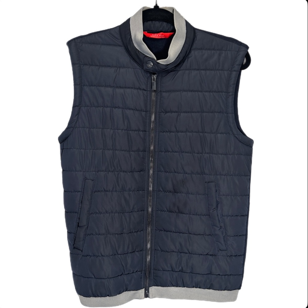 Zara Men’s Vest Jacket Blue Quilted Sleeveless Full Zip Pockets Size Medium
